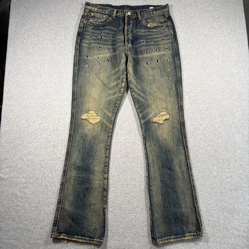 mnml Grommet Distressed Flare Jeans Mens Size 33 (Fits 34x35) Blue Vintage Wash